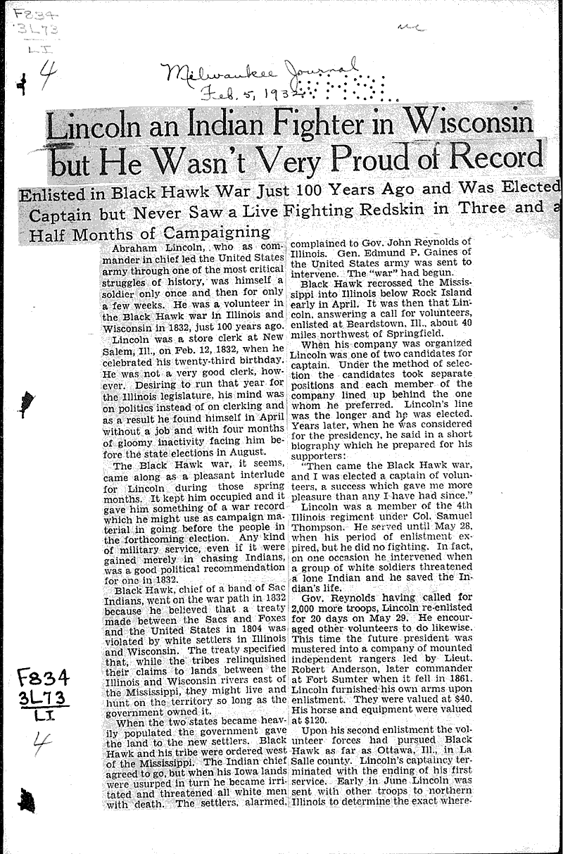  Source: Milwaukee Journal Topics: Civil War Date: 1932-02-05