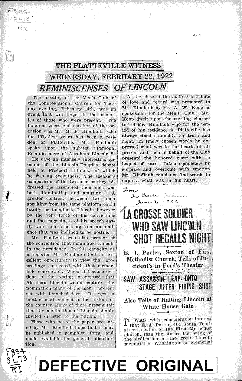  Source: Platteville Witness Topics: Civil War Date: 1922-02-22