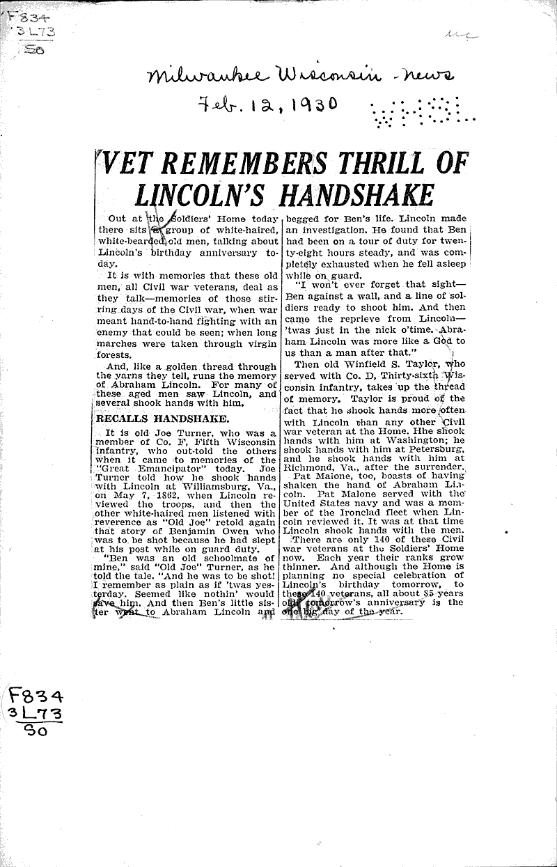  Source: Milwaukee Wisconsin News Topics: Civil War Date: 1930-02-12