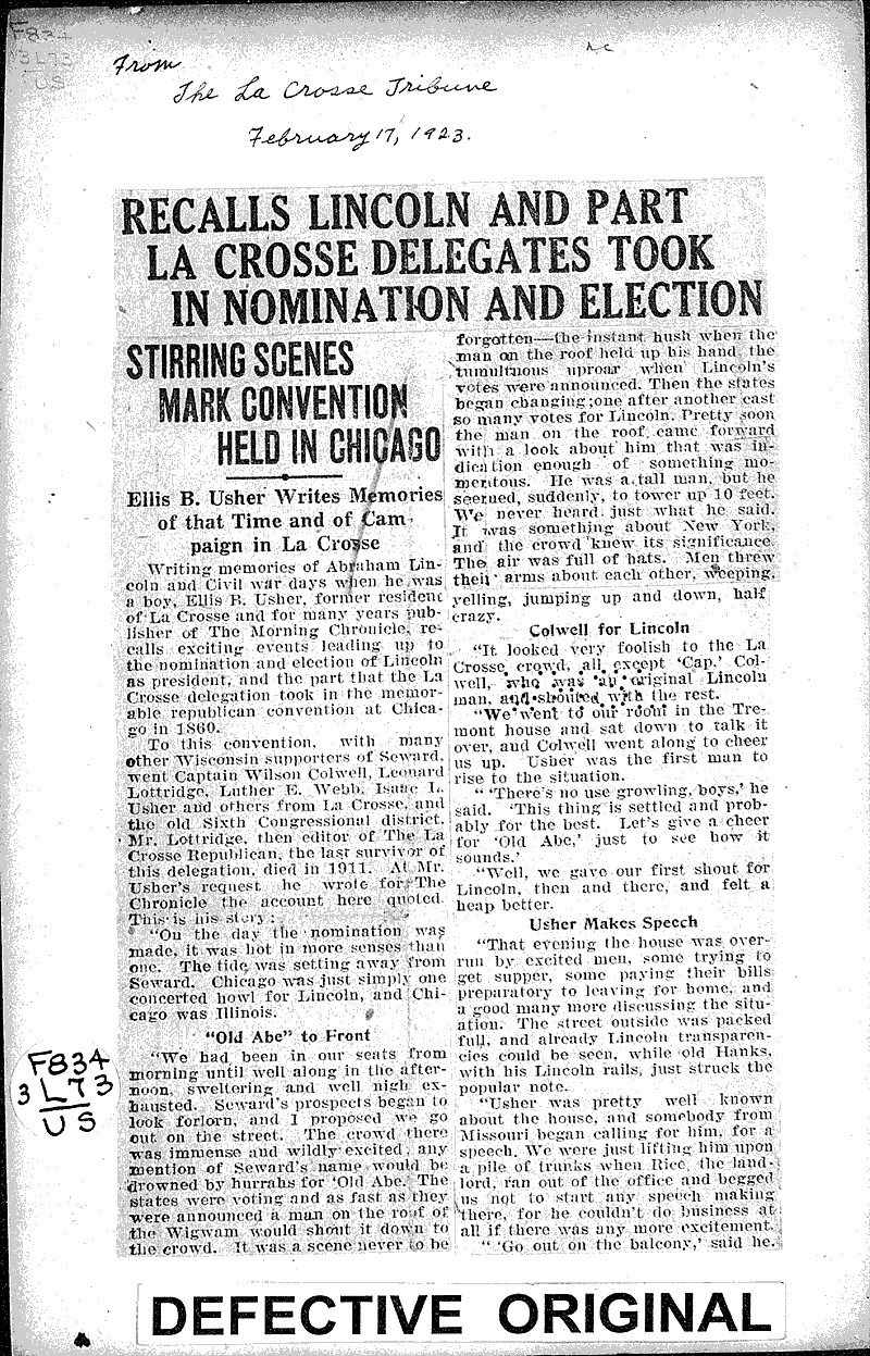  Source: La Crosse Tribune Topics: Civil War Date: 1923-02-17