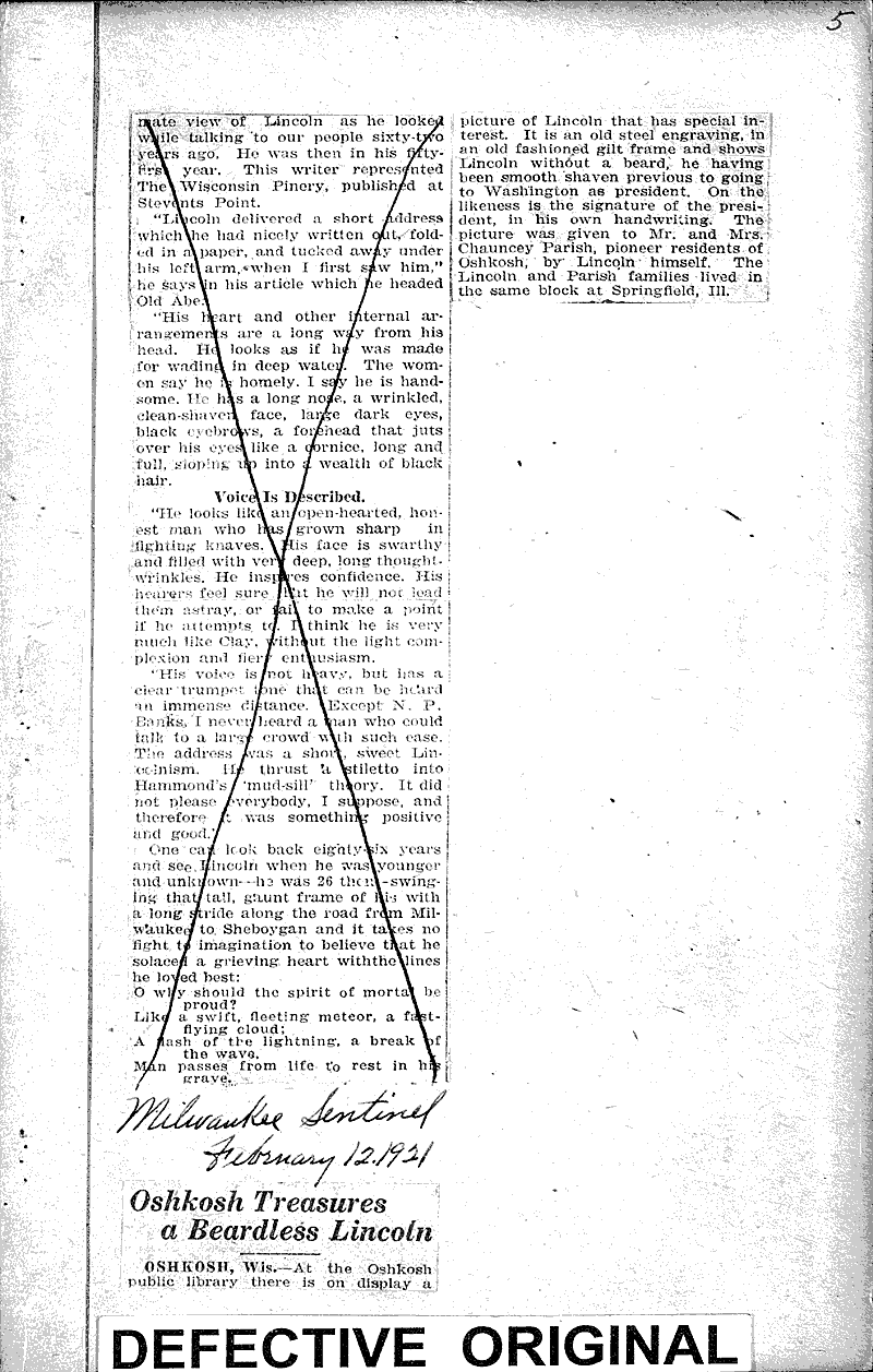  Source: Milwaukee Sentinel Topics: Civil War Date: 1921-02-12