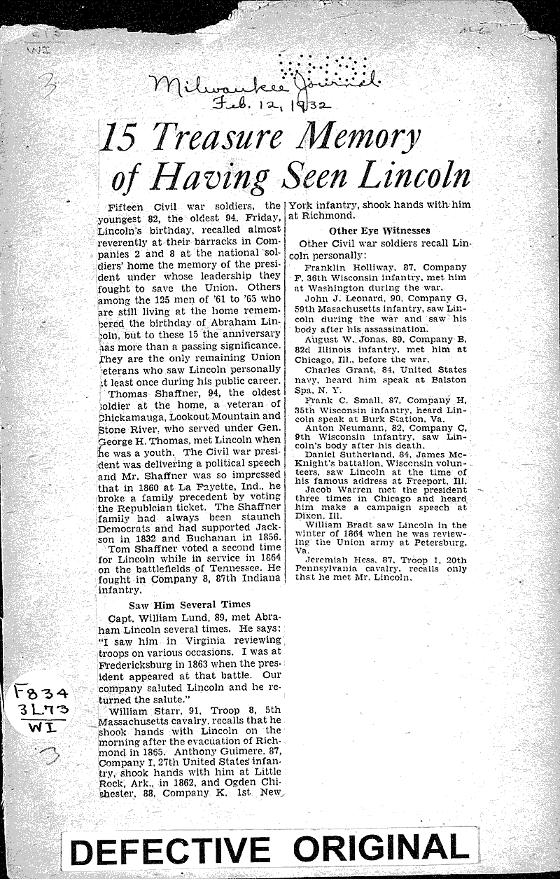  Source: Milwaukee Journal Topics: Civil War Date: 1932-02-12