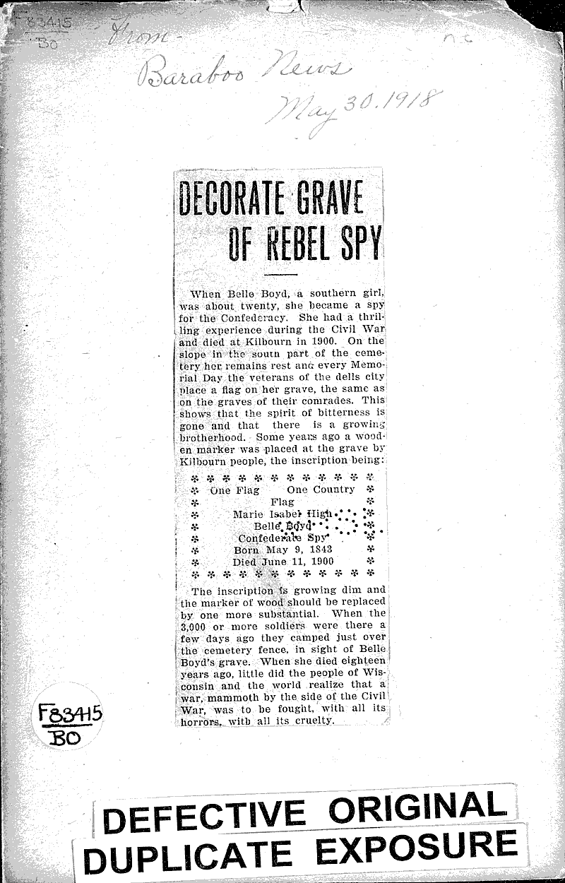  Source: Baraboo News Topics: Civil War Date: 1918-05-30