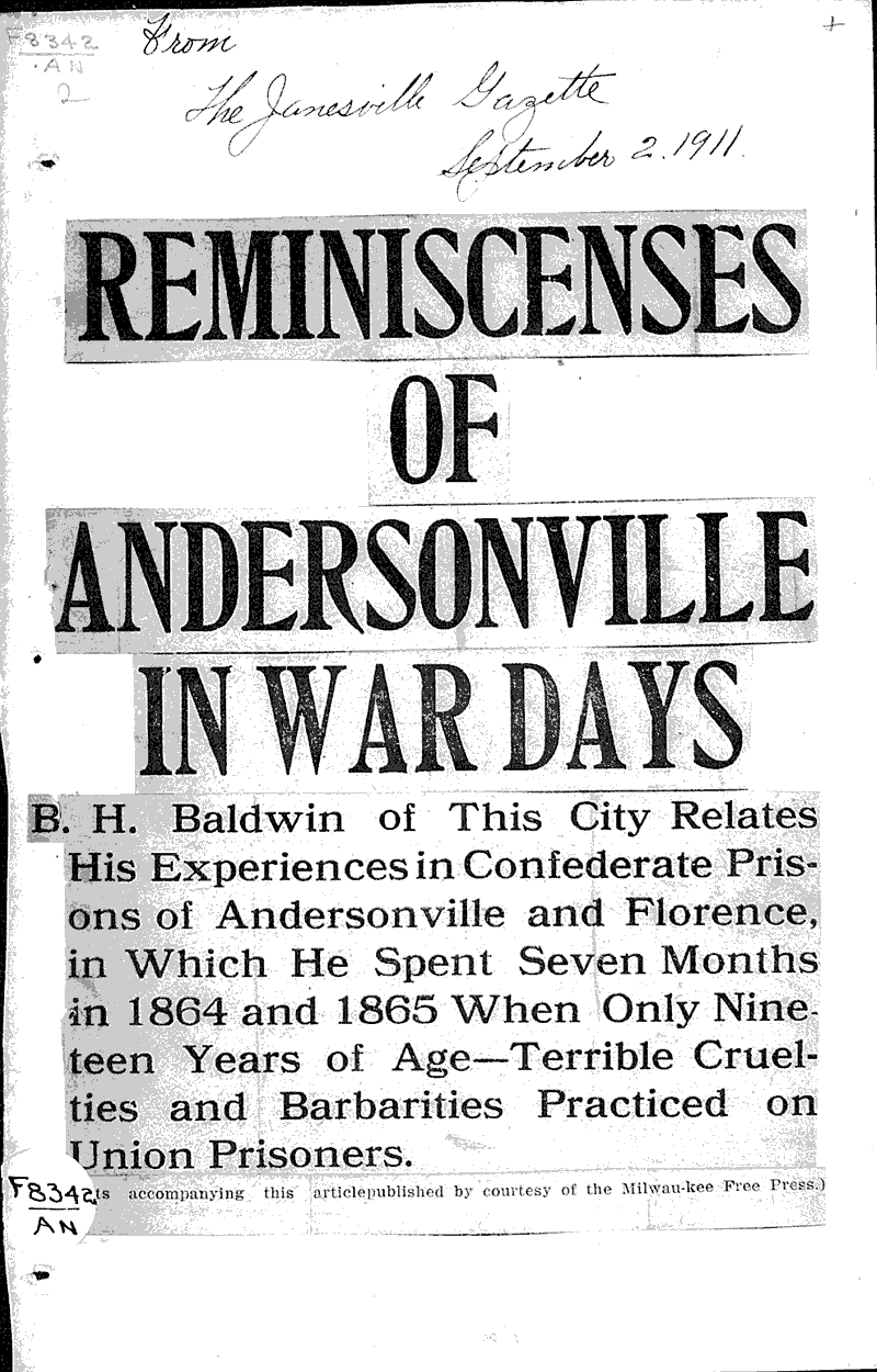 Reminiscenses of Andersonville in war days Newspaper Article/Clipping