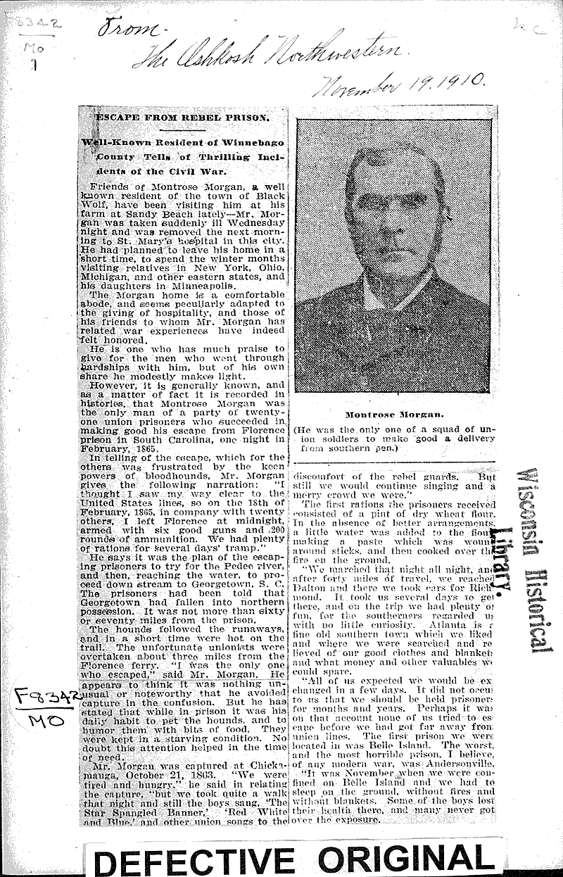  Source: Oshkosh Northwestern Topics: Civil War Date: 1910-11-19