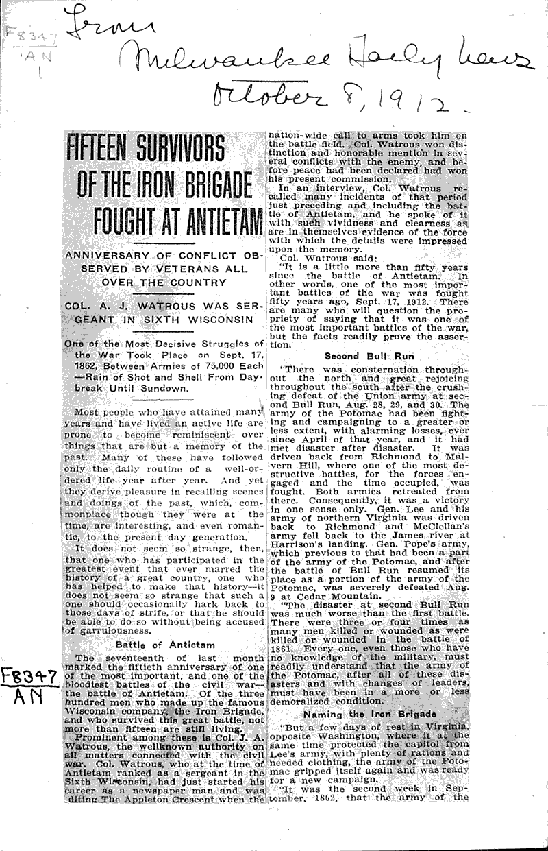  Source: Milwaukee Daily News Topics: Civil War Date: 1912-10-08