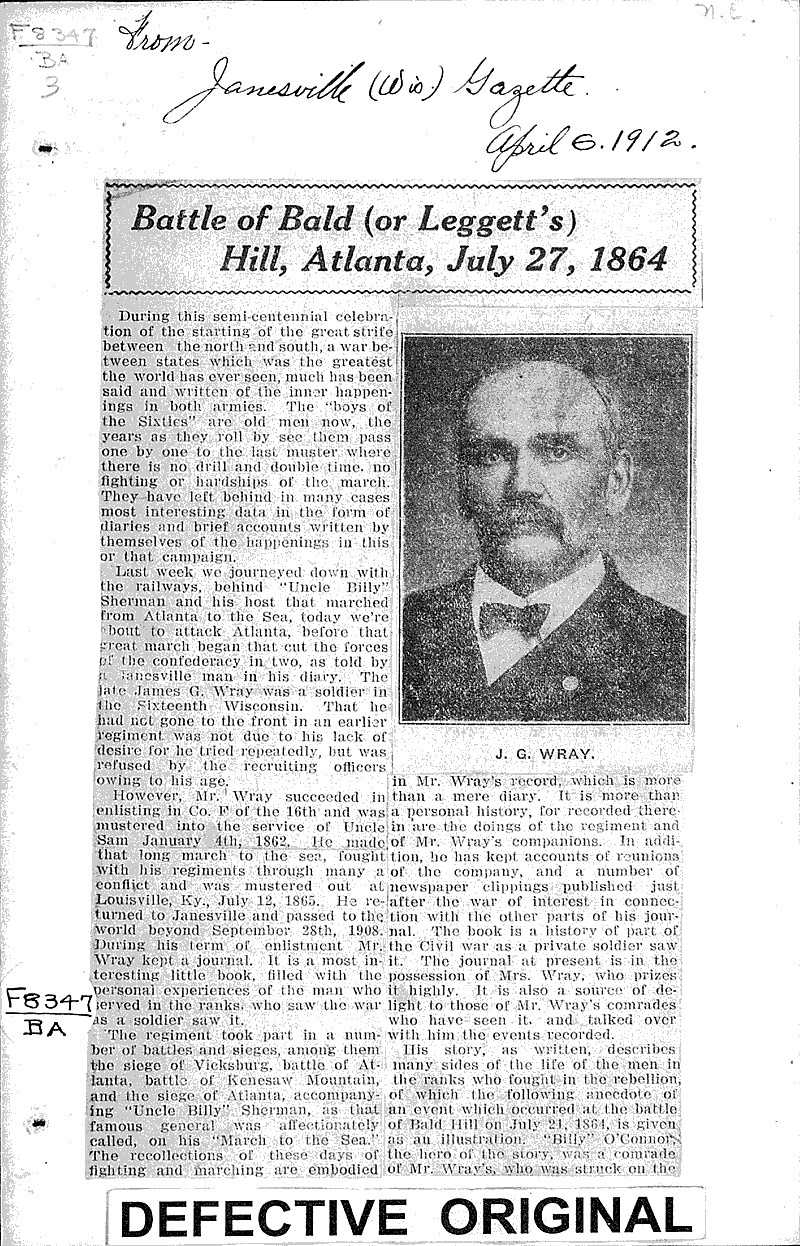  Source: Janesville Gazette Topics: Civil War Date: 1912-04-06