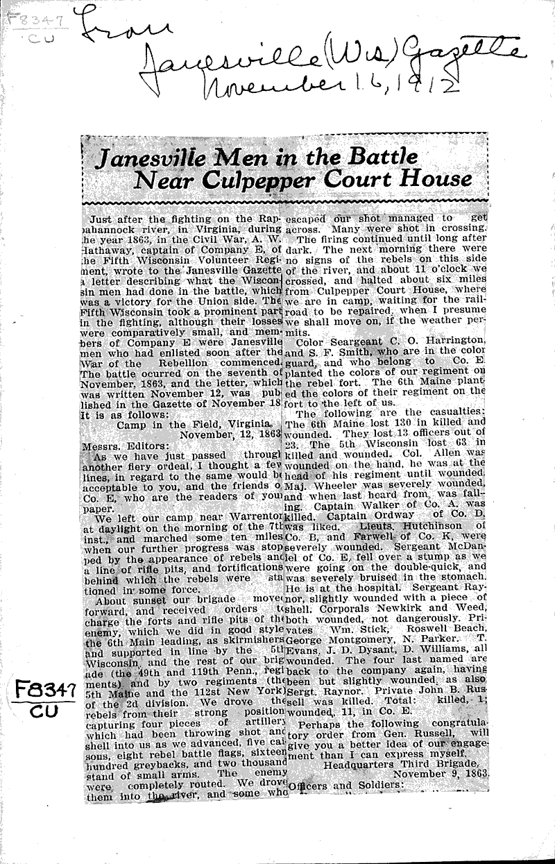  Source: Janesville Gazette Topics: Civil War Date: 1912-11-16
