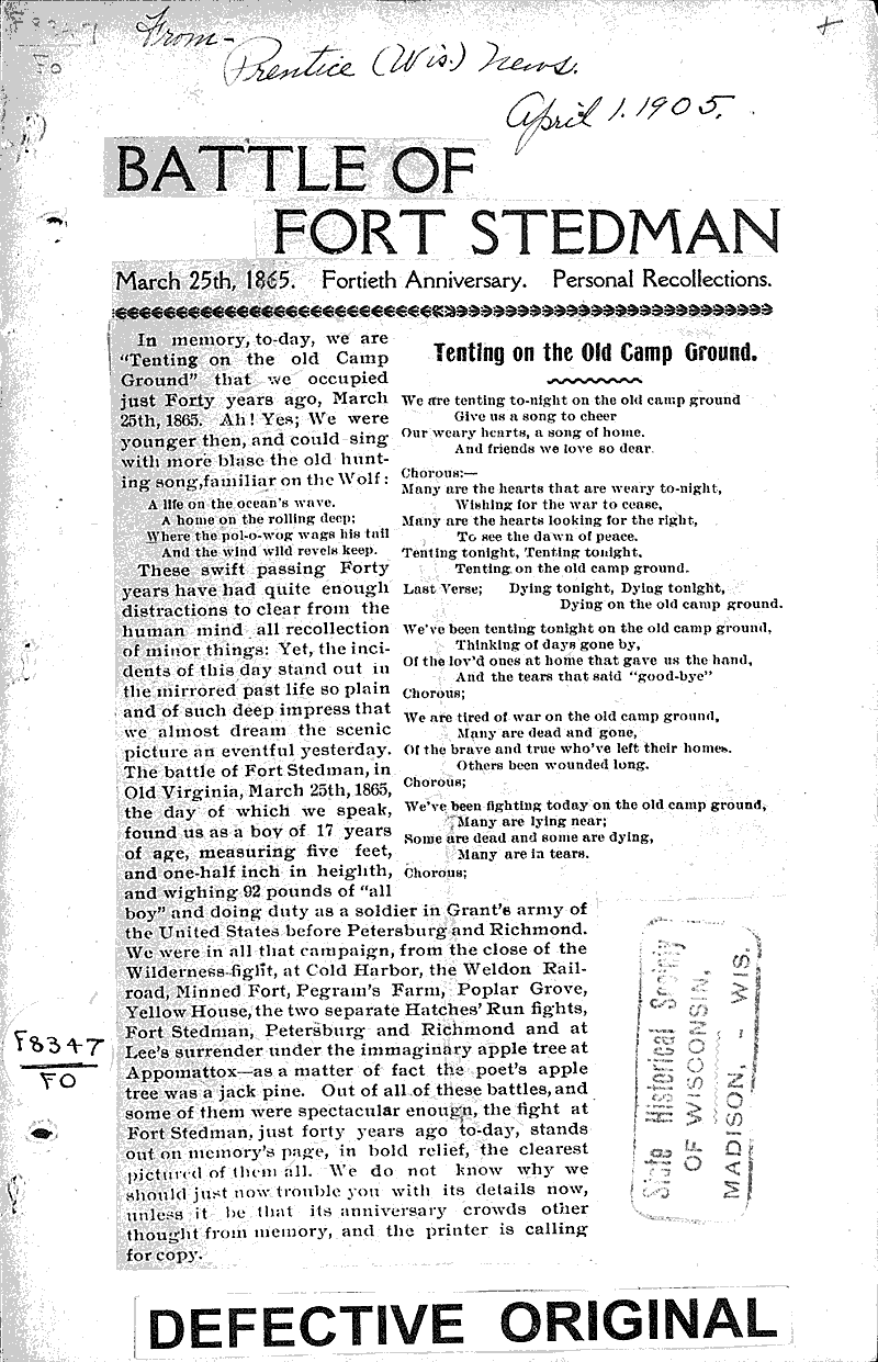  Source: Prentice News Topics: Civil War Date: 1905-04-01