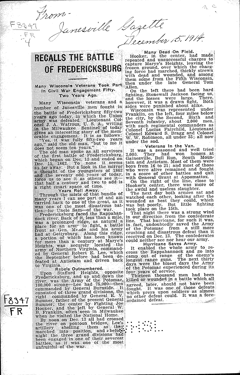  Source: Janesville Gazette Topics: Civil War Date: 1914-12-15