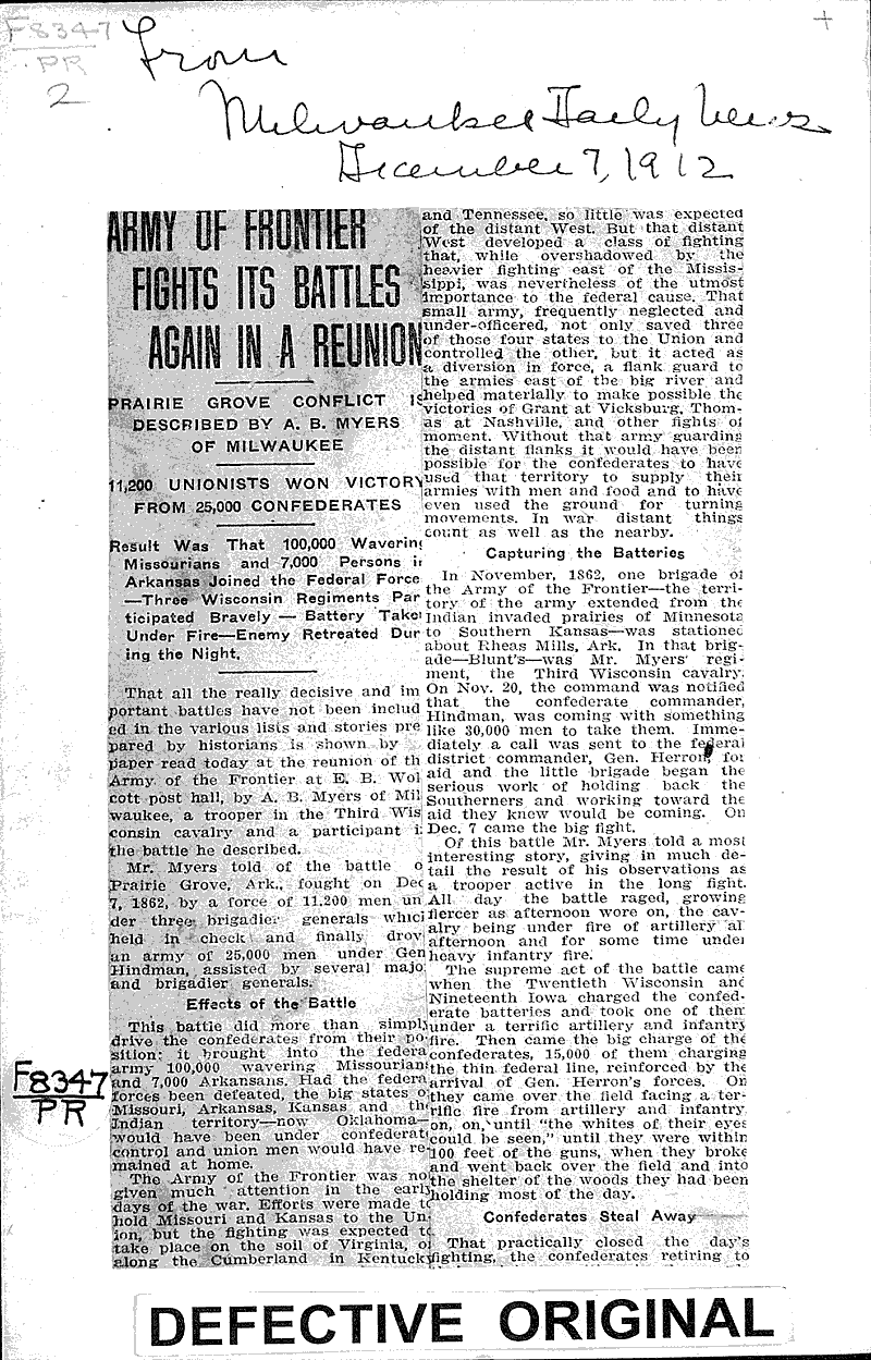  Source: Milwaukee Daily News Topics: Civil War Date: 1912-12-07