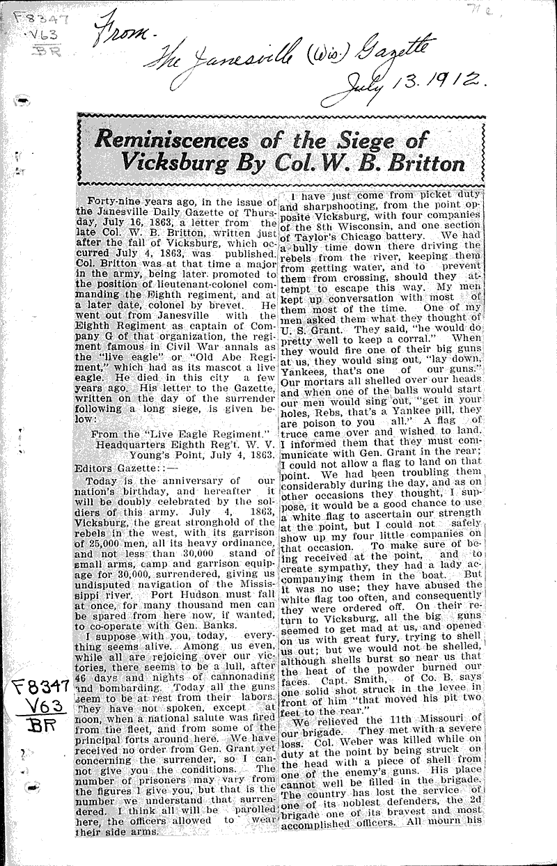 Reminiscences of the siege of Vicksburg by Col. W. B. Britton