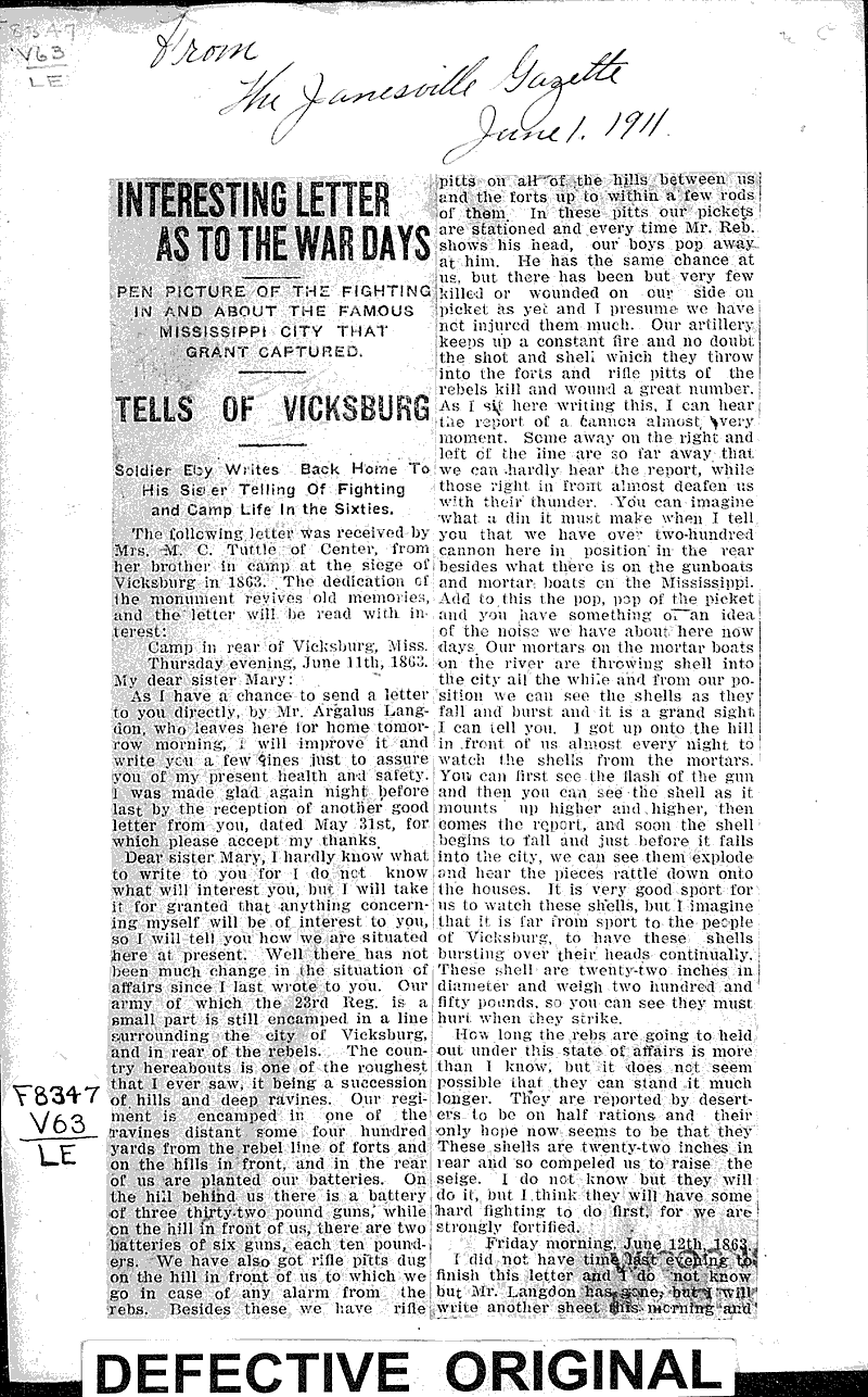 Interesting letter as to the war days Newspaper Article/Clipping