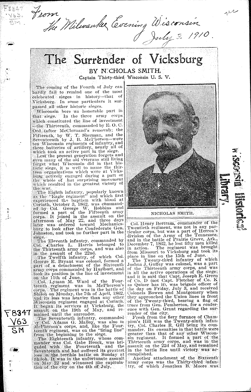  Source: Milwaukee Evening Wisconsin Topics: Civil War Date: 1910-07-03