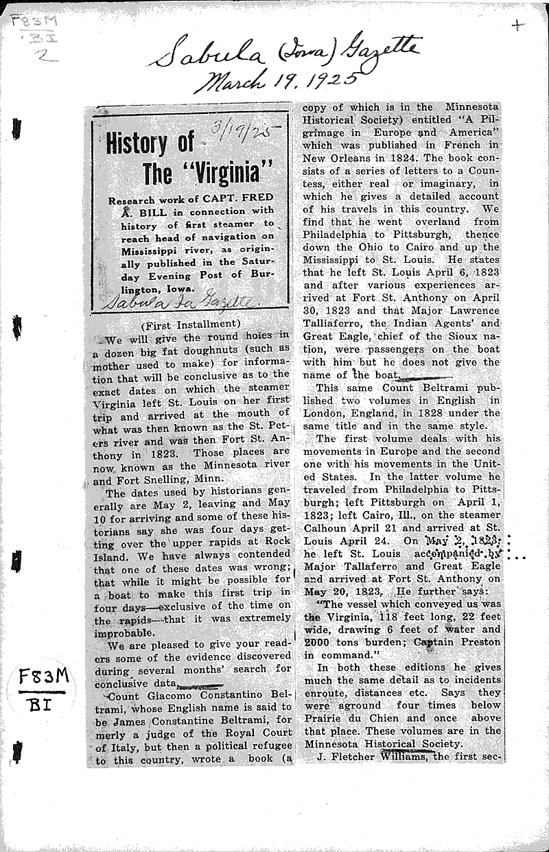 History of the "Virginia" Newspaper Article/Clipping Wisconsin Historical Society