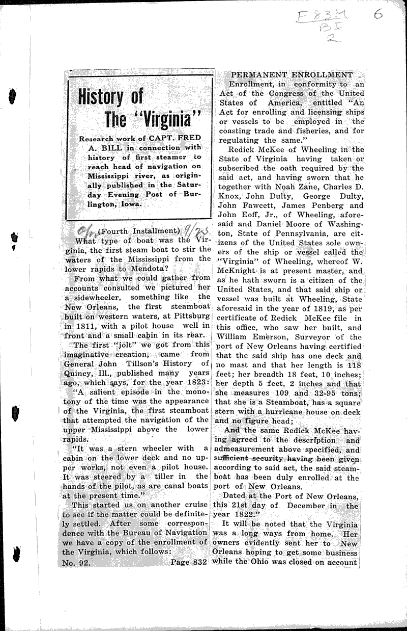 History of the "Virginia" Newspaper Article/Clipping Wisconsin Historical Society