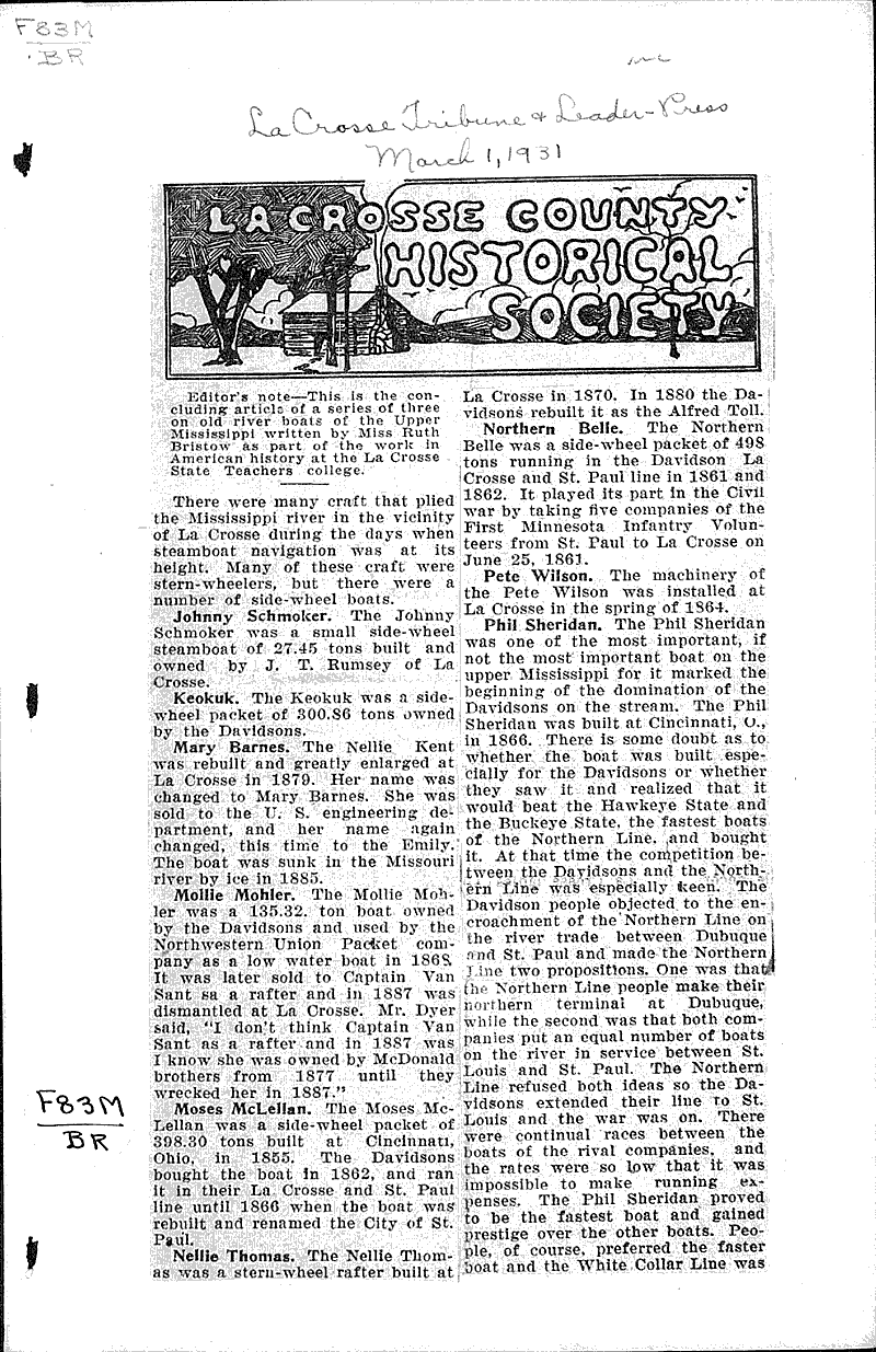  Source: La Crosse Tribune and Leader-Press Topics: Transportation Date: 1931-03-01