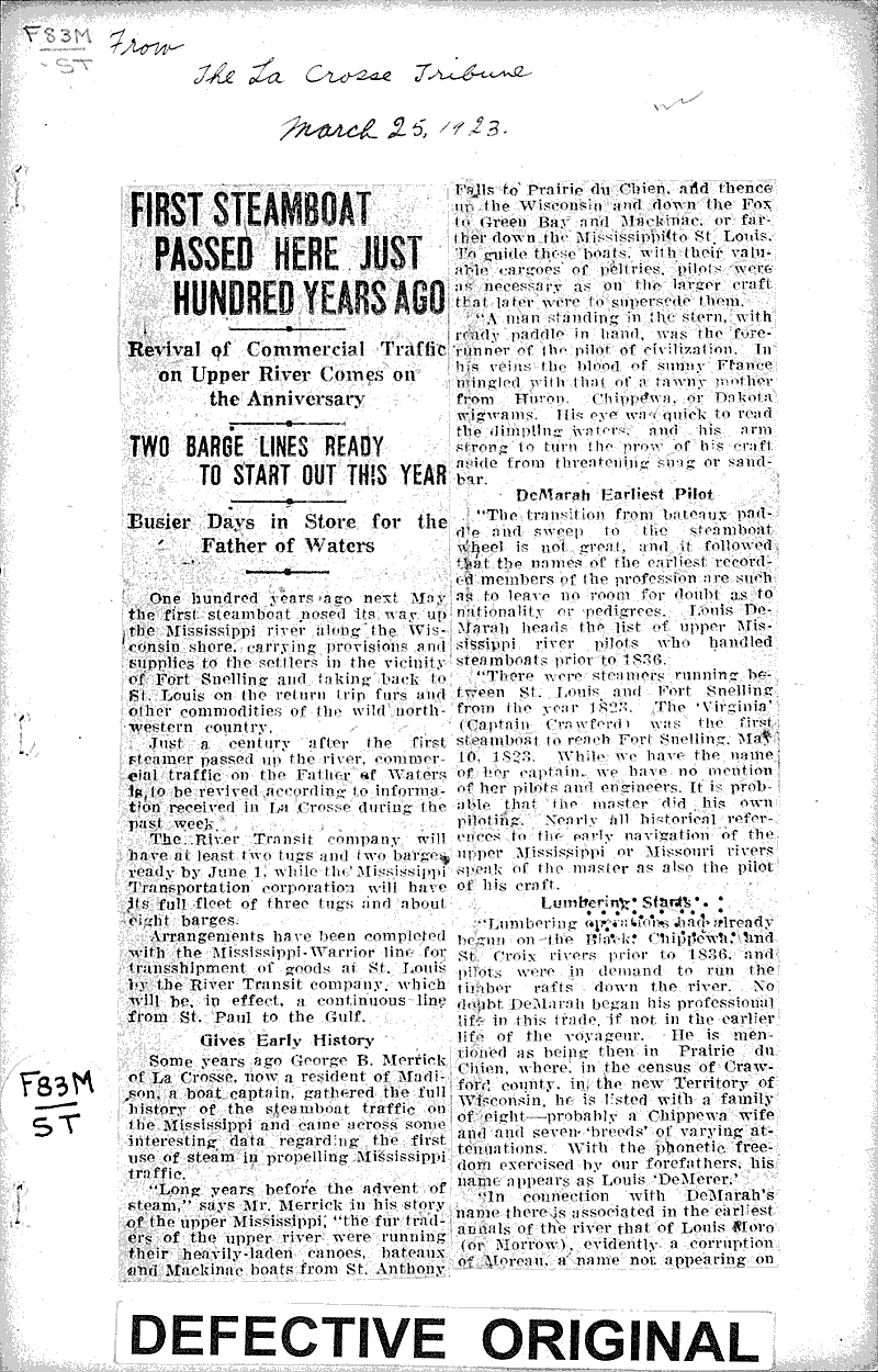 First steamboat passed here just hundred years ago Newspaper Article