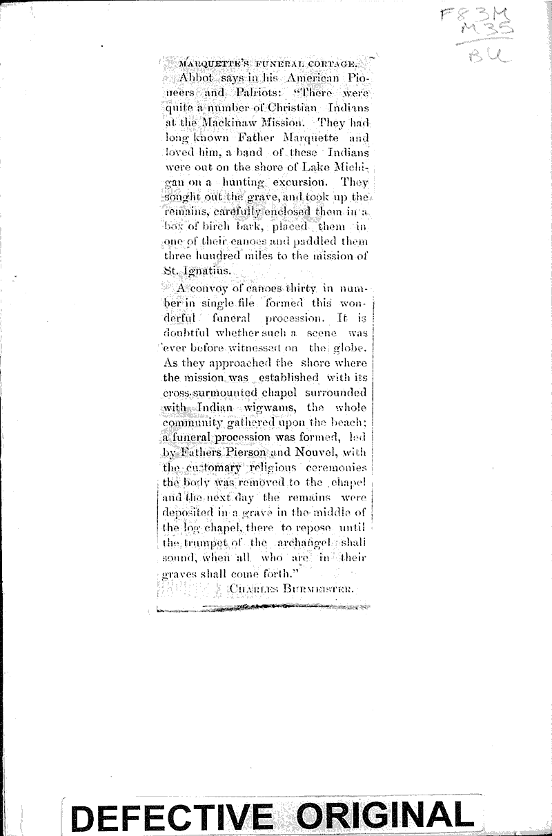 Historical interest and death of Marquette Newspaper Article/Clipping