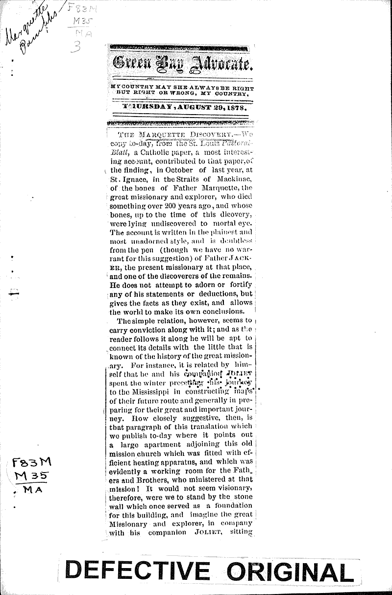 Marquette discovery Source: Green Bay Advocate Topics: Industry Date: 1878-08-29