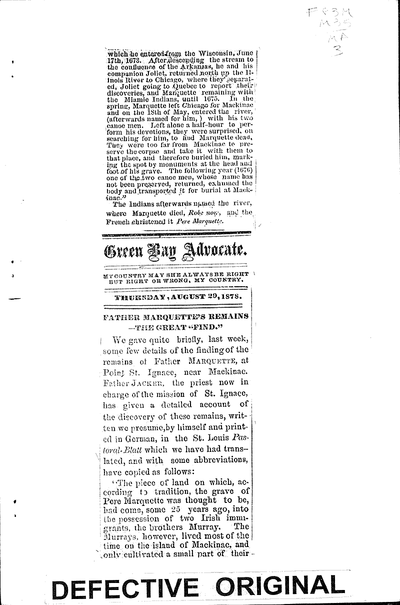 Marquette discovery Source: Green Bay Advocate Topics: Industry Date: 1878-08-29