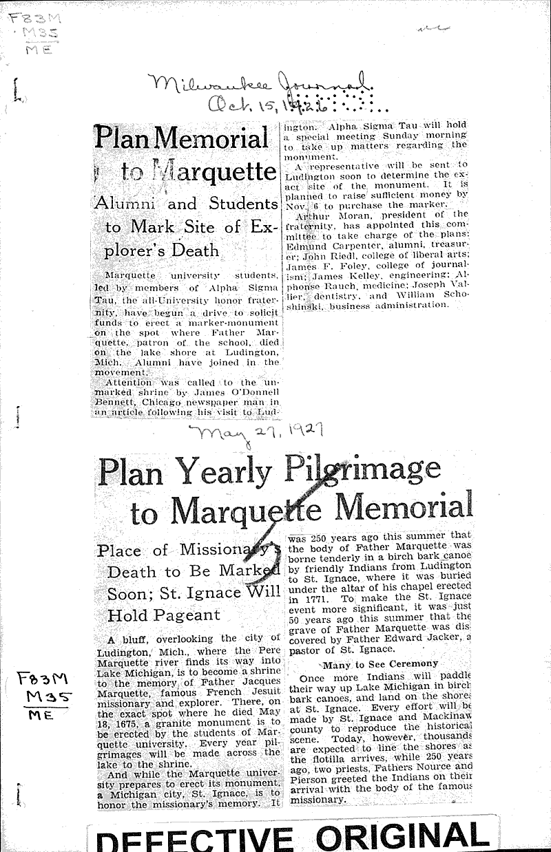 Plan memorial to Marquette Newspaper Article/Clipping Wisconsin