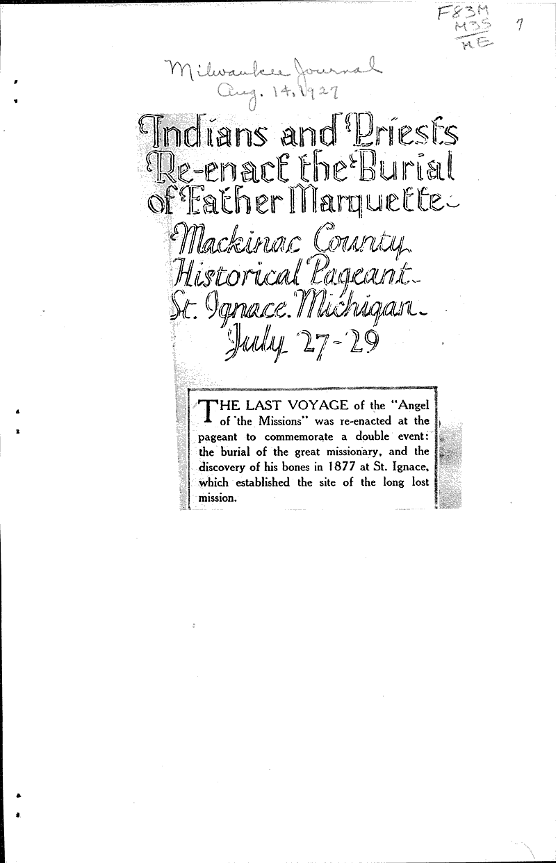 Indians and priests re-enact burial of Father Marquette Source: Milwaukee Journal Date: 1927-08-14