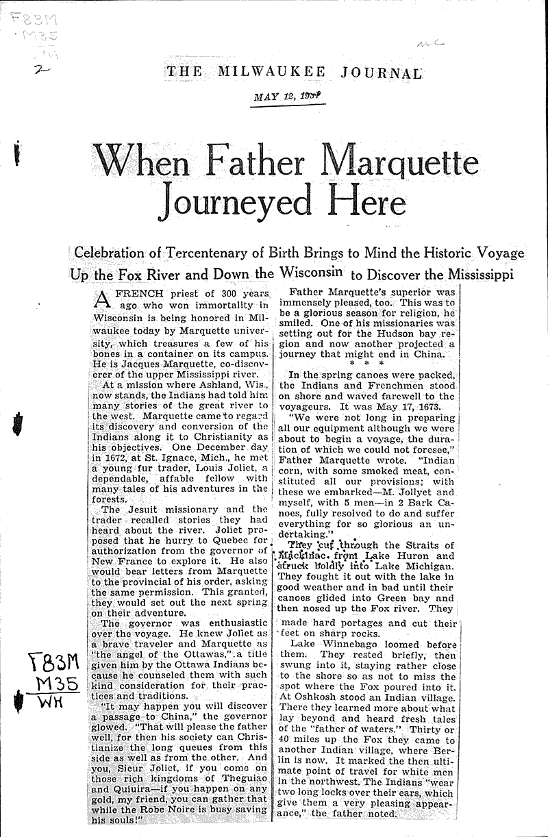 When Father Marquette journeyed here Newspaper Article/Clipping