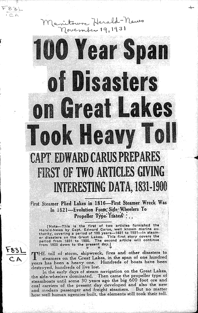  Source: Manitowoc Herald-News Topics: Transportation Date: 1931-11-19