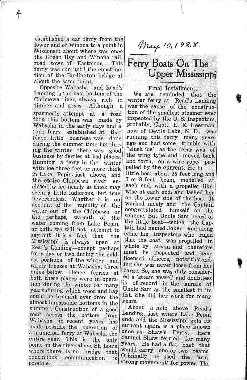 Ferry boatson the Upper Mississippi Newspaper Article/Clipping