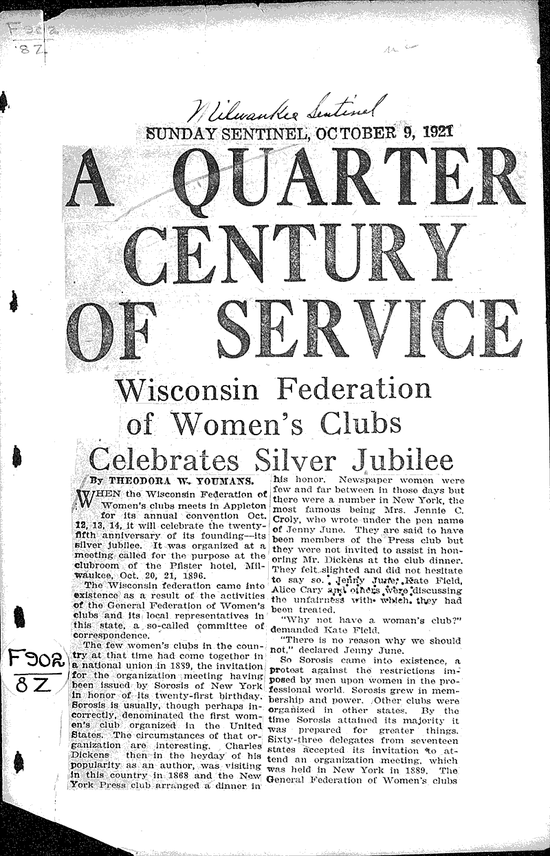  Source: Milwaukee Sunday Sentinel Topics: Social and Political Movements Date: 1921-10-09