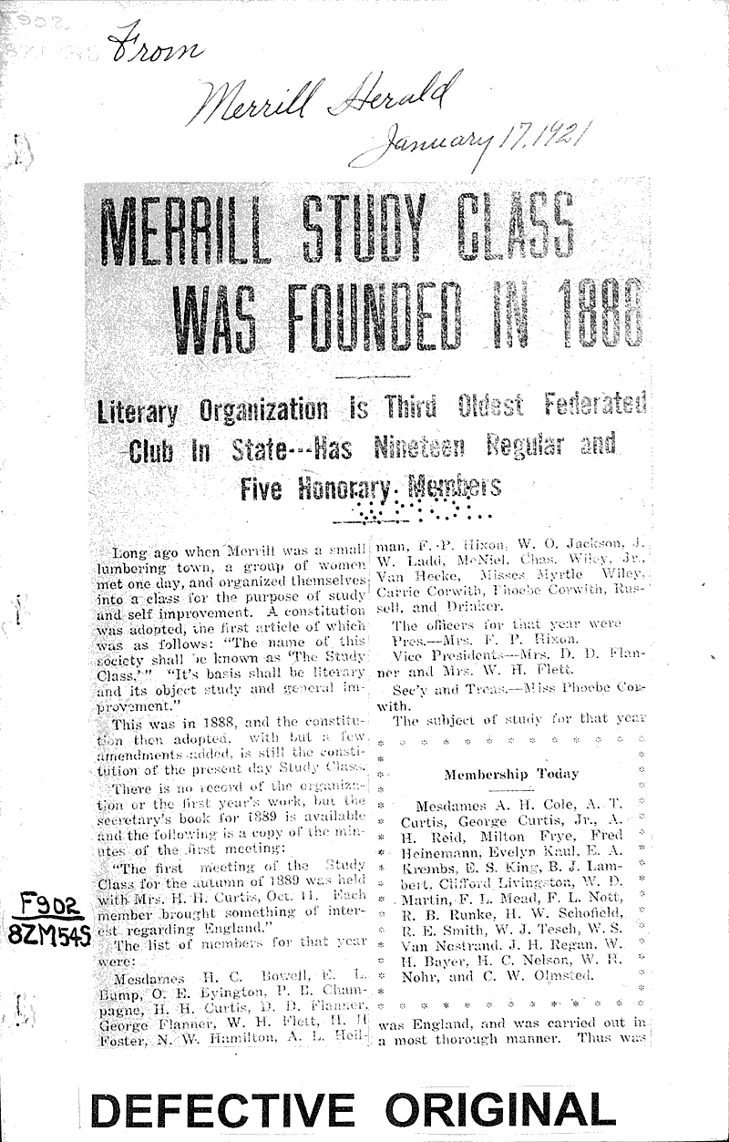 Merrill study class was founded in 1880 Newspaper Article/Clipping