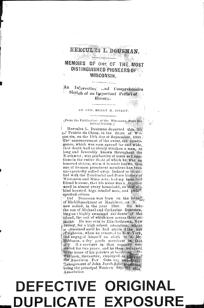 Hercules L. Dousman Newspaper Article/Clipping Wisconsin Historical