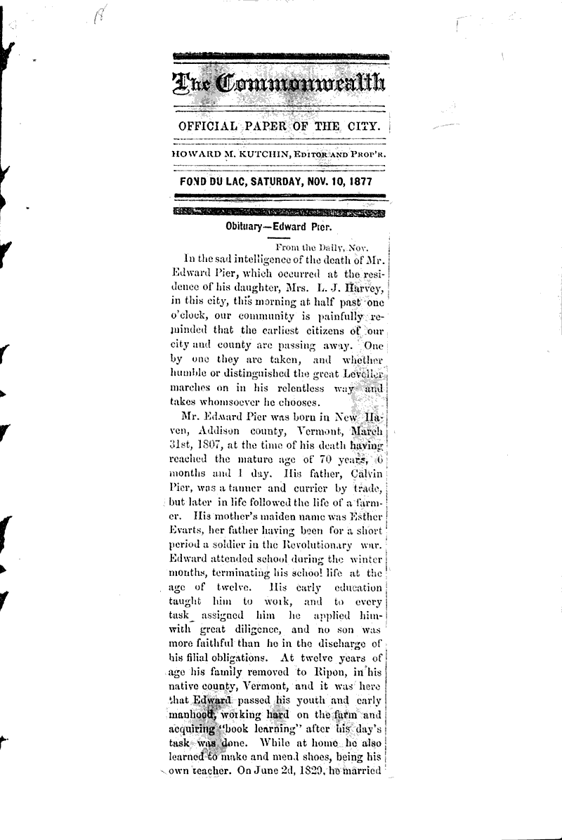 Obituary-Edward Pier Source: Fond du Lac Commonwealth Date: 1877-11-10