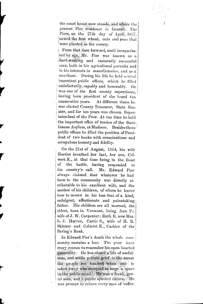 Obituary-Edward Pier Source: Fond du Lac Commonwealth Date: 1877-11-10