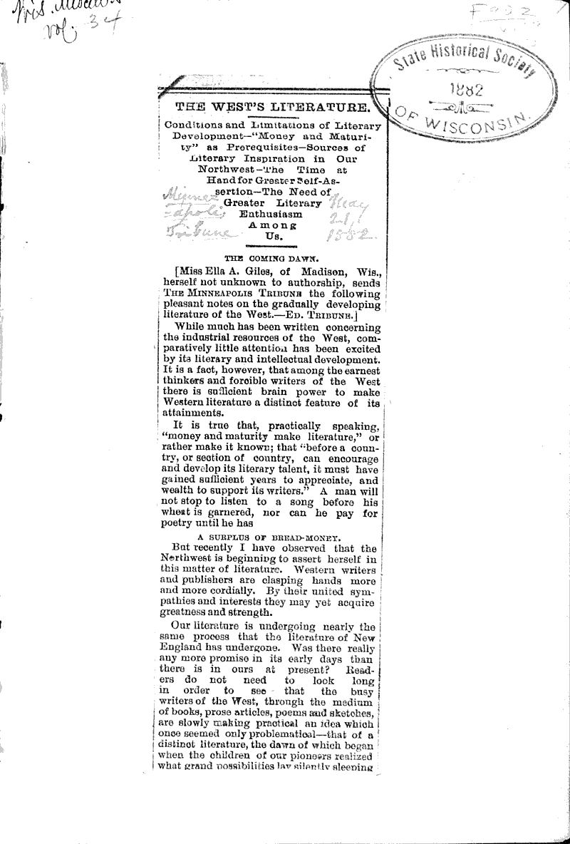  Topics: Art and Music Date: 1882-05-21