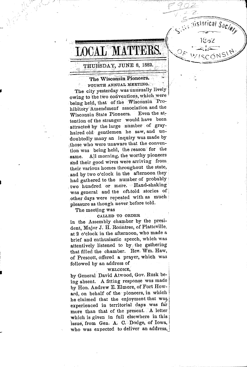 The Wisconsin Pioneers Newspaper Article/Clipping Wisconsin