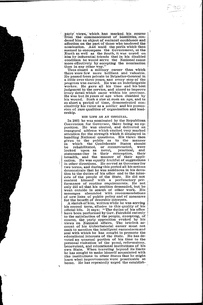 Lucius Fairchild Newspaper Article/Clipping Wisconsin Historical Society