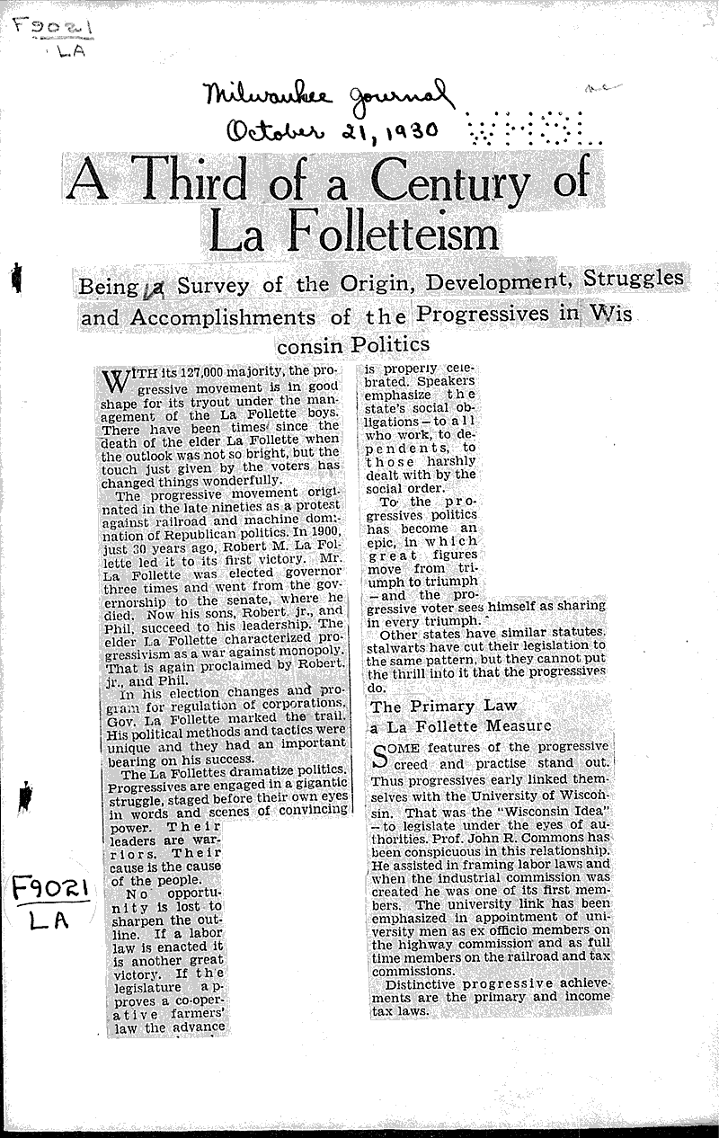  Source: Milwaukee Journal Topics: Government and Politics Date: 1930-10-21