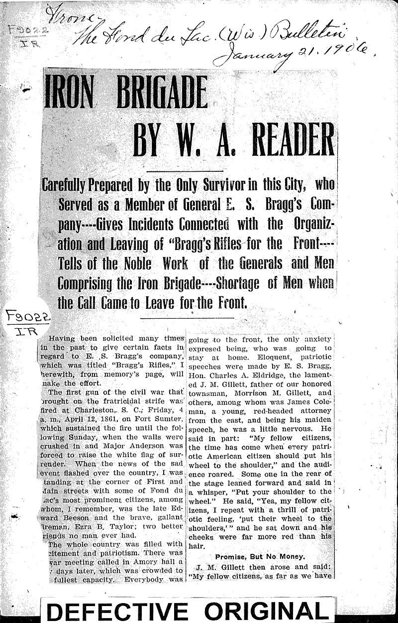  Source: Fond du Lac Bulletin Topics: Civil War Date: 1906-01-21