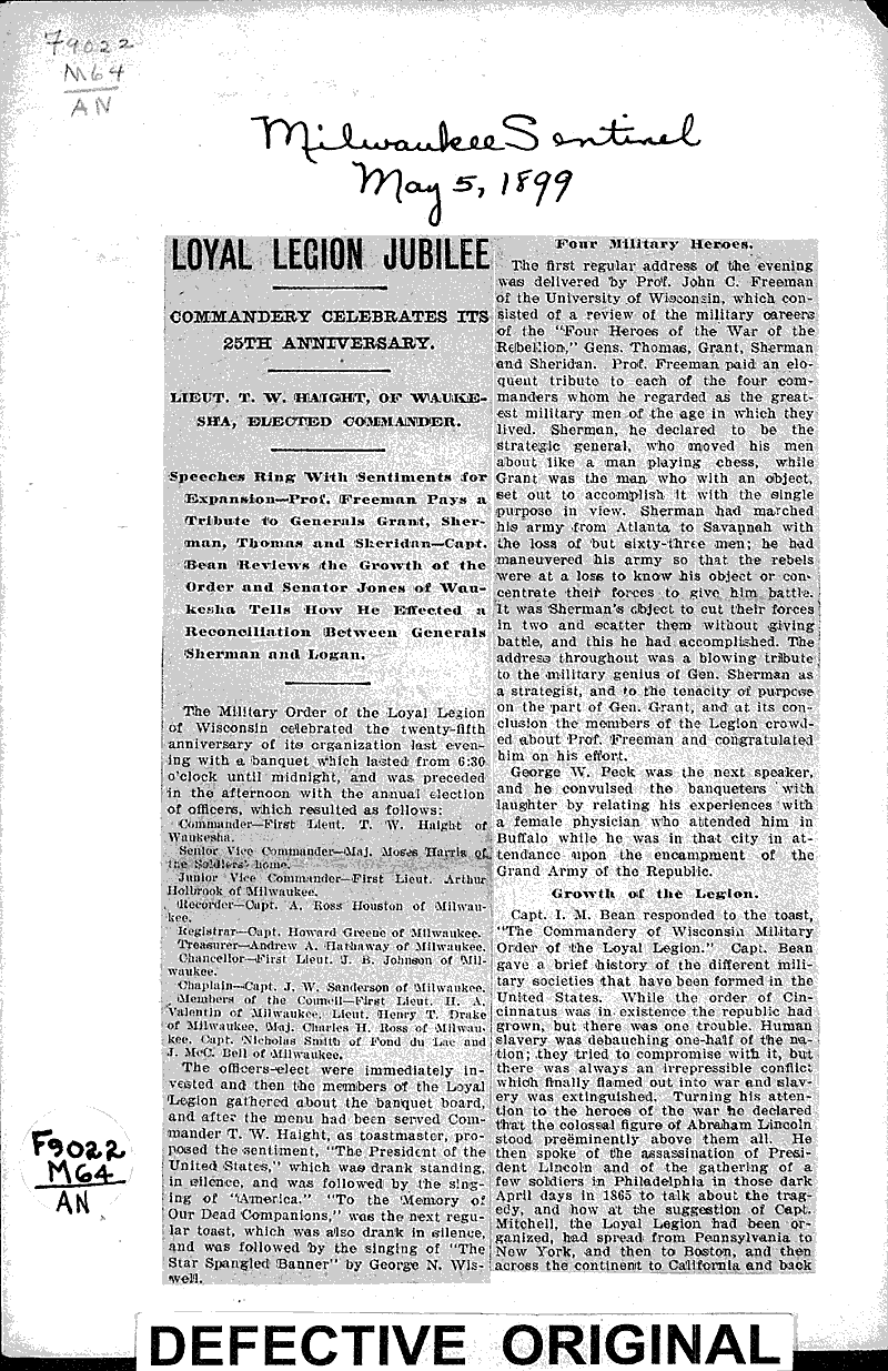 Loyal legion jubilee Newspaper Article/Clipping Wisconsin