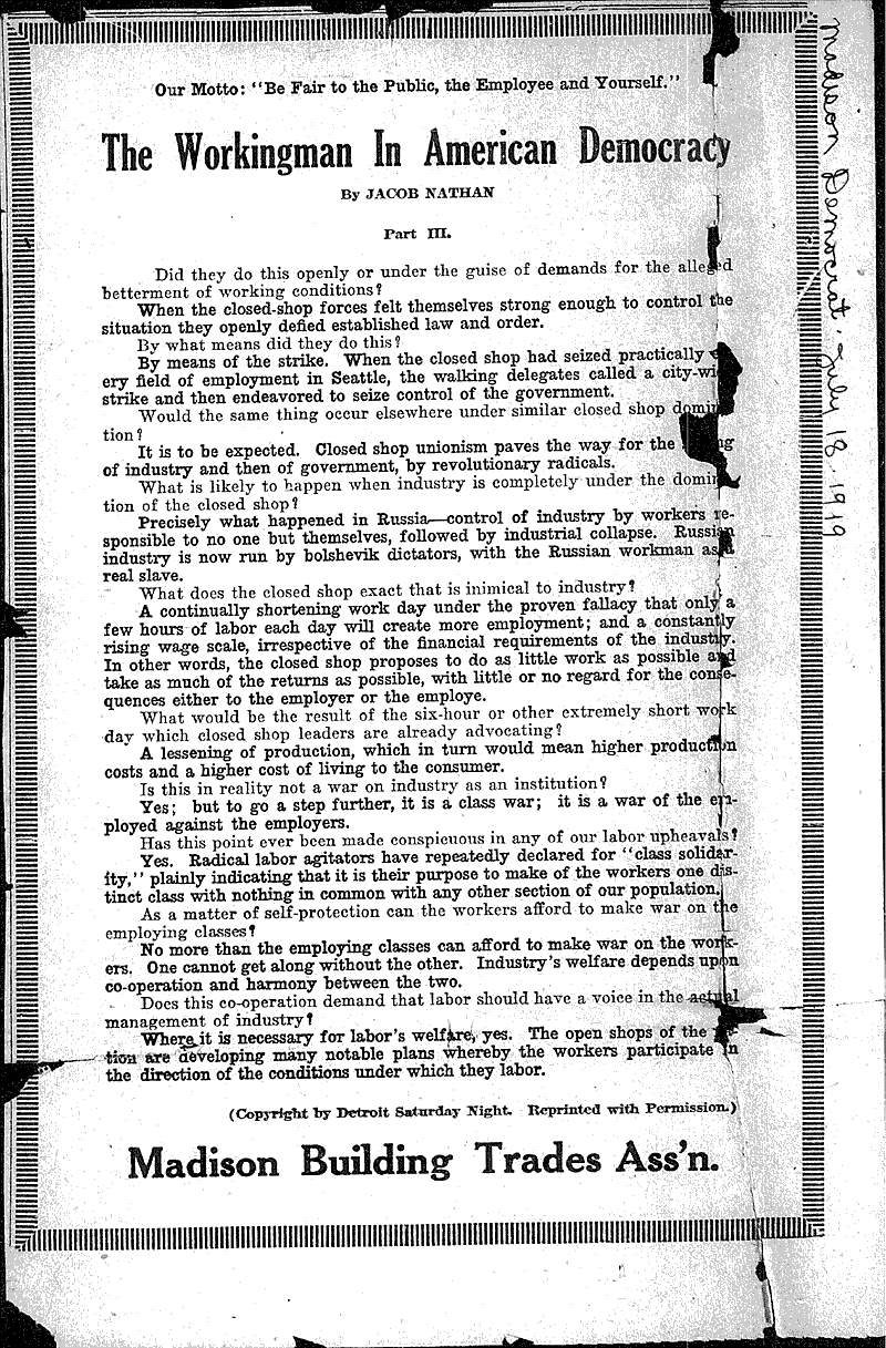  Source: Madison Democrat Topics: Social and Political Movements Date: 1919-07-??