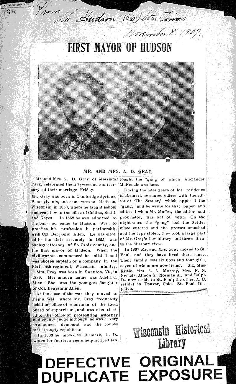 First mayor of Hudson Newspaper Article/Clipping Wisconsin