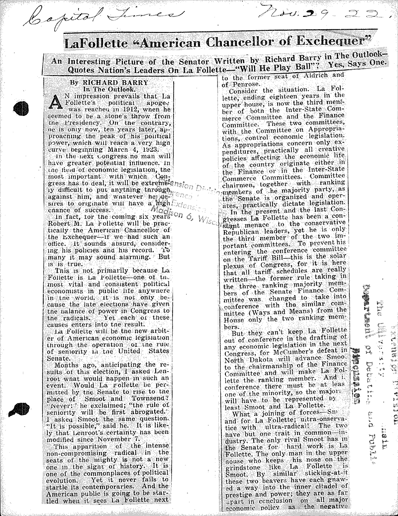 La Follette "American chancellor of exchequer" Newspaper Article