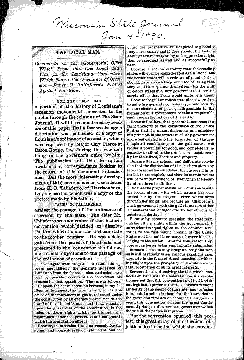 One loyal man Newspaper Article/Clipping Wisconsin Historical Society