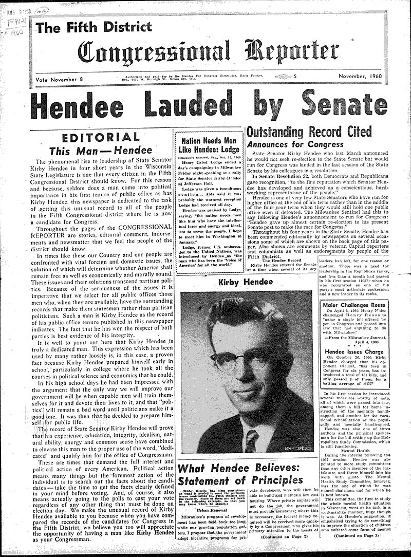 Hendee lauded by Senate Source: Congressional Reporter Topics: Government and Politics Date: 1960-11-??