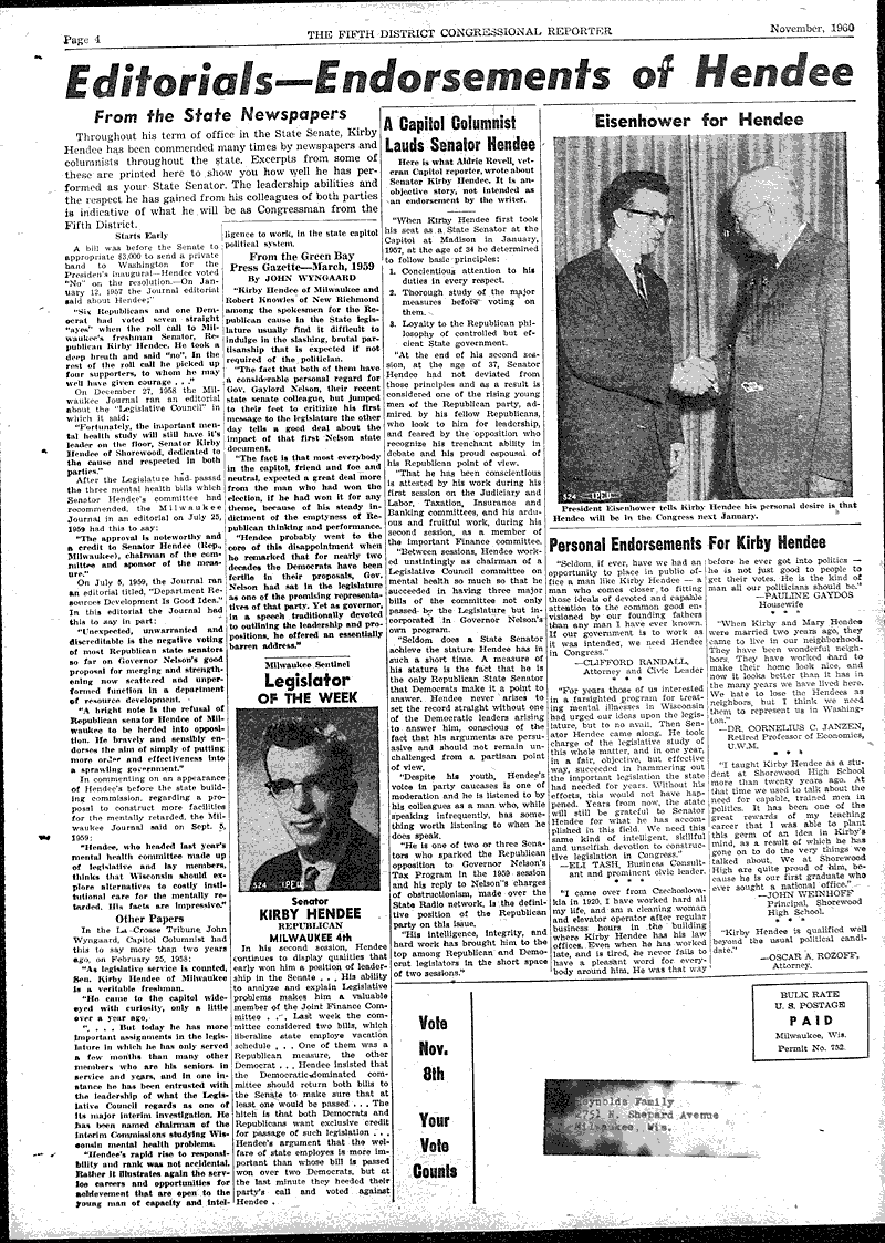 Hendee lauded by Senate Source: Congressional Reporter Topics: Government and Politics Date: 1960-11-??